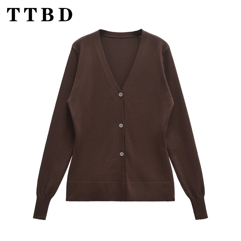 TTBD 2024 Autumn Woman's Casual Solid Color Knit Cardigan Female Vintage Single-breasted V-Collar Ruffles Long Sleeve Top Coat