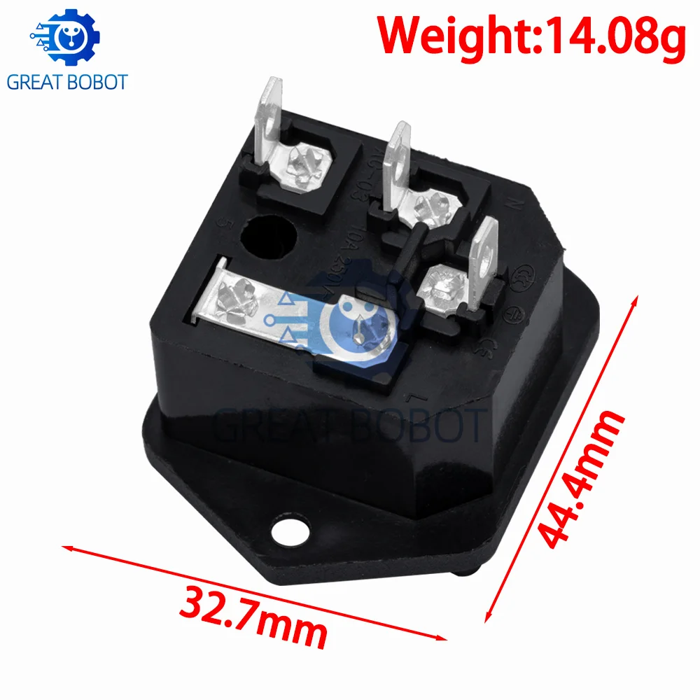 3-Pin 10A 250V IEC320 C14 AC Inlet Socket AC-03 Male Connector with Fuse Holder, Optional 1 to 5 Pieces