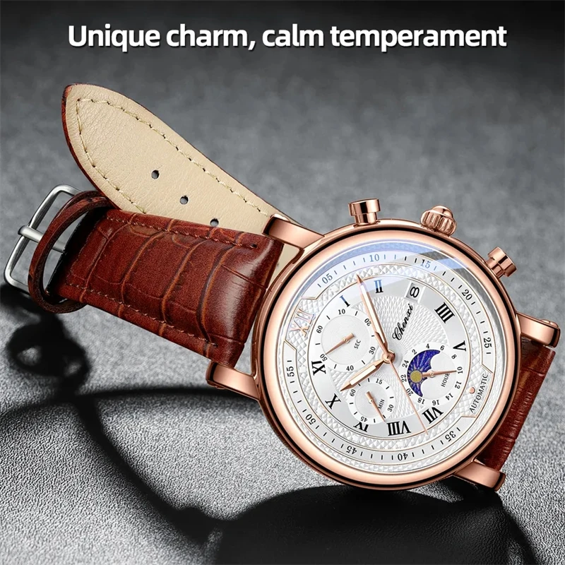 CHENXI 976 Multifunctional Clock True Three Eyes Six Needle Moonlight Calendar Fashion Business Quartz Leather Watch for Male