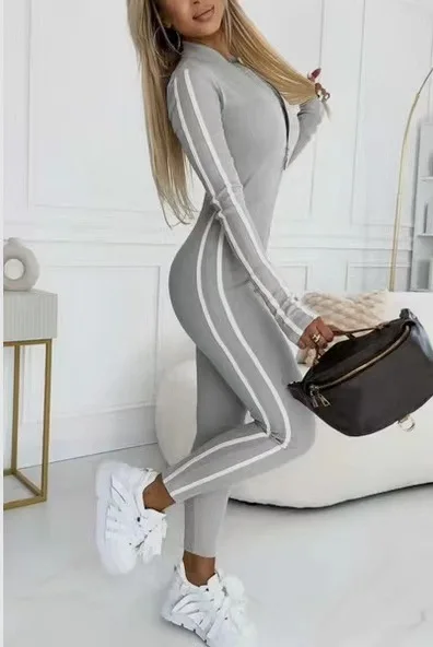 Moda Kombinezon z długim rękawem w paski Bodycon Kobiety 2024 Jesień Solidny sportowy zamek błyskawiczny Smukłe kombinezony dla kobiet — zdjęcie 4