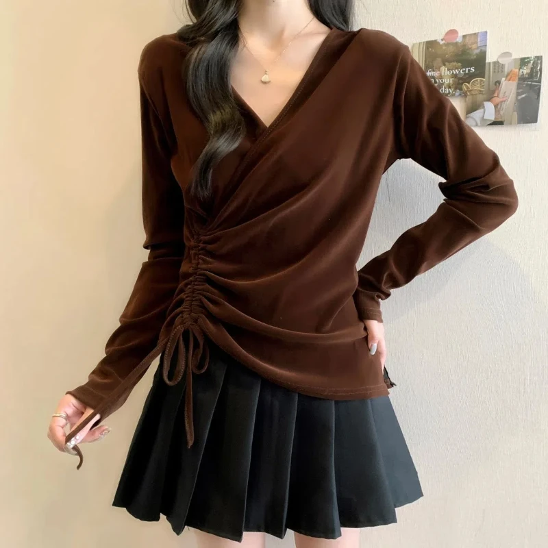 

Advanced Gold Velvet V-neck Long Sleeved T-shirt for Women New Plus Size Fat Mm Slimming Irregular Drawstring Waist Top