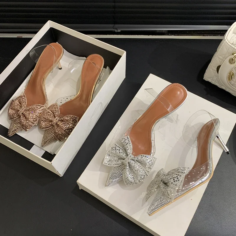 Eilyken PVC Transparent Crystal Bowknot Women Pumps Pointed Toe Low Heels Sandals Elegant Champagne Silver Party Prom Shoes image 5