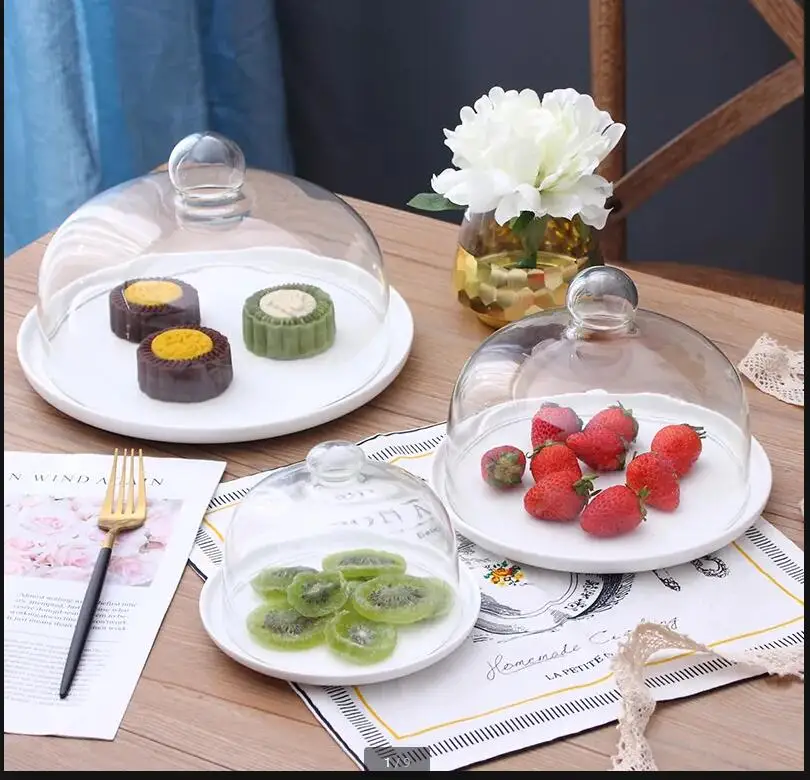 

Ceramic Cake Pan Glass Cover Round Decorative Plate with Transparent Display Stand Tray Snack Dessert