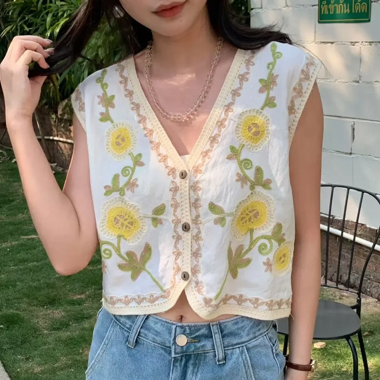 Floral Embroidery Vest Jacket Button Front Open-work Knit Waistcoat Sleeveless Blouse Women Summer Boho Beach Festival