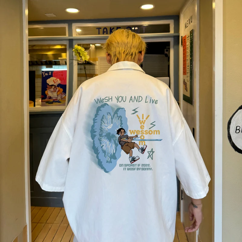 

Men's Oversized Shirts 5XL Fashion White Mens Blouse Anime Letter Print Oversize Shirt Casual Wear Summer for Men New Clothing
