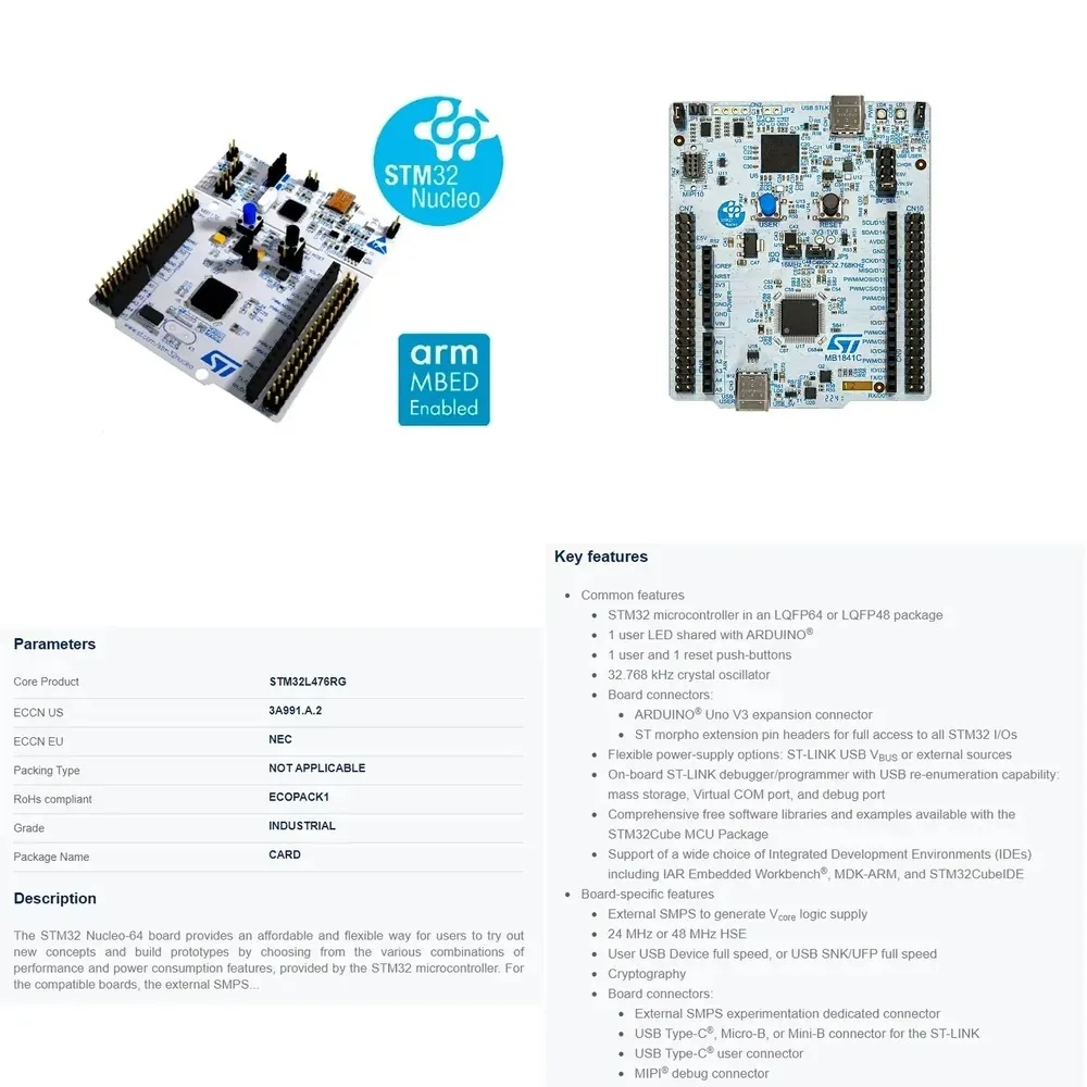 NUCLEO-L476RG STM32 Nucleo-64 development board with STM32L476RG MCU, supports Arduino and ST morpho connectivity