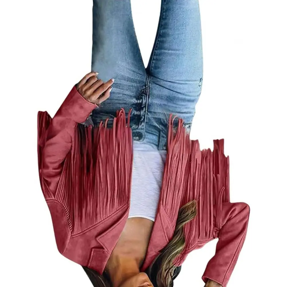 

Women Coat Turn-down Collar Long Fringe Solid Color Long Sleeves Cardigan Loose Short Type Hip Hop Streetwear Club Jacket