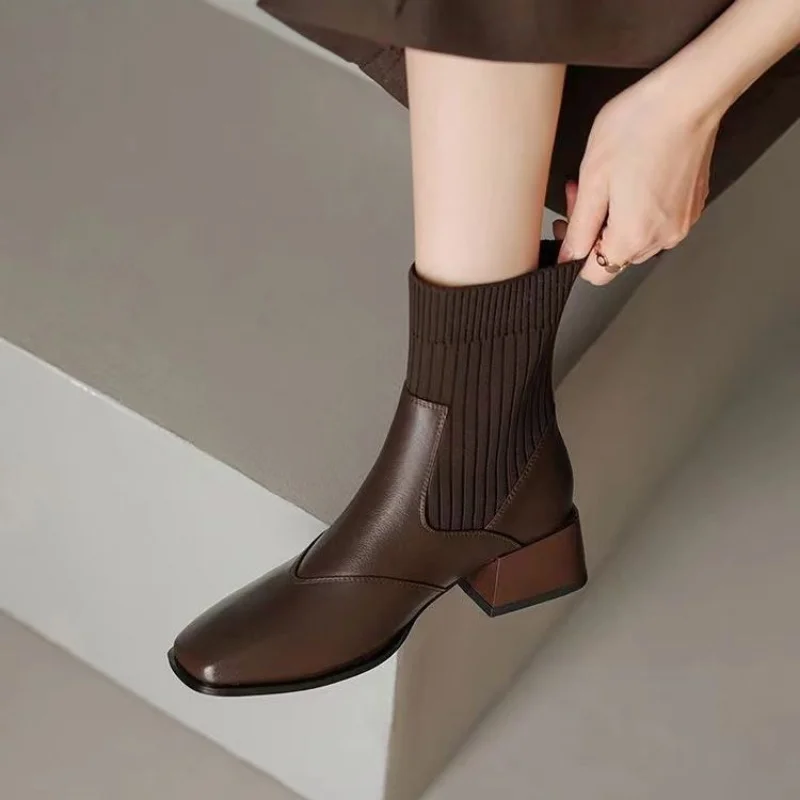 Pointed Ankle Boots Winter Women New Casual Chelsea Boots Women Medium Heel Knitted Sock Boots Women Faux Suede Female Heels