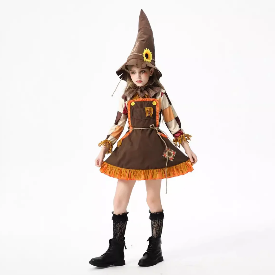 

Halloween Children Cosplay Costume Pumpkin Costume Scarecrow Robin Hood Farm Pastoral Dress Girls Dress Hunter Costume
