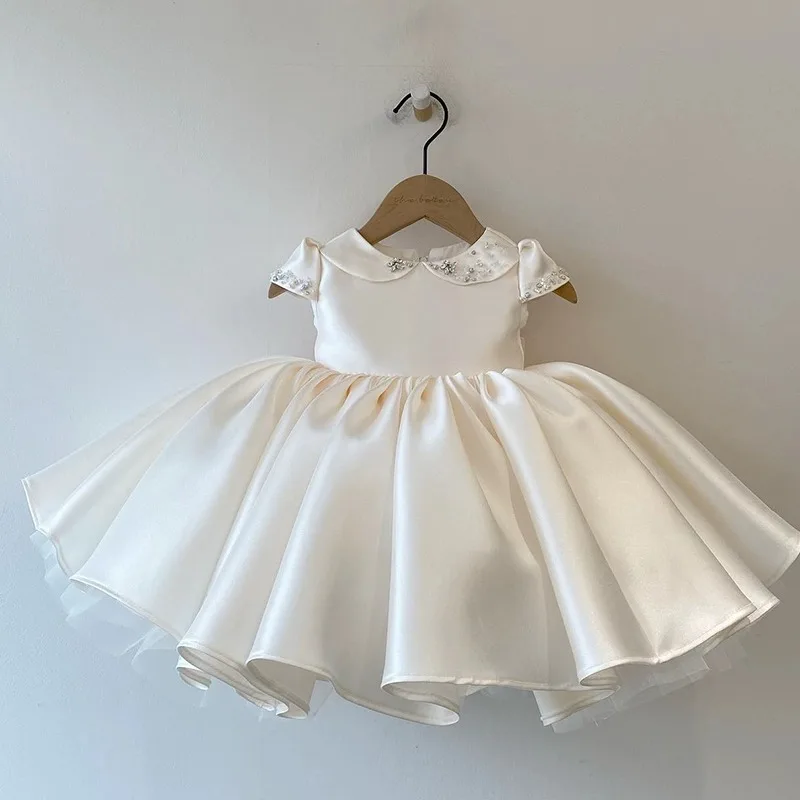 Toddler Satin Flower Girl Dress Peter Pan Collar Birthday Children Girl Short Sleeves Solid Color Formal Wedding Party Gown