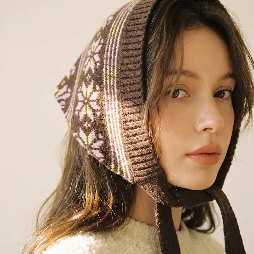 Simple Y2K Jacquard Wool Headscarf Snowflake Triangular Knitted Scarf Korean Headband Waist Belt Scarf Female