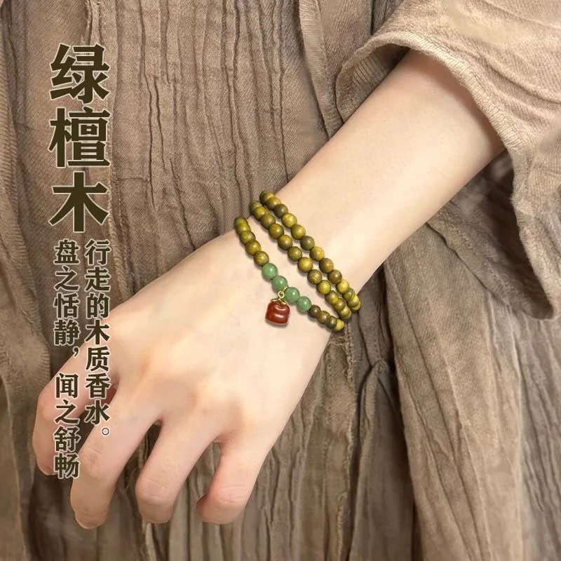 New 6mm Green Sandalwood Mala Triple Wrap Bracelet Persimmon Pendant Elegant Handmade Ethnic Style Women Daily Wear Jewelry Gift
