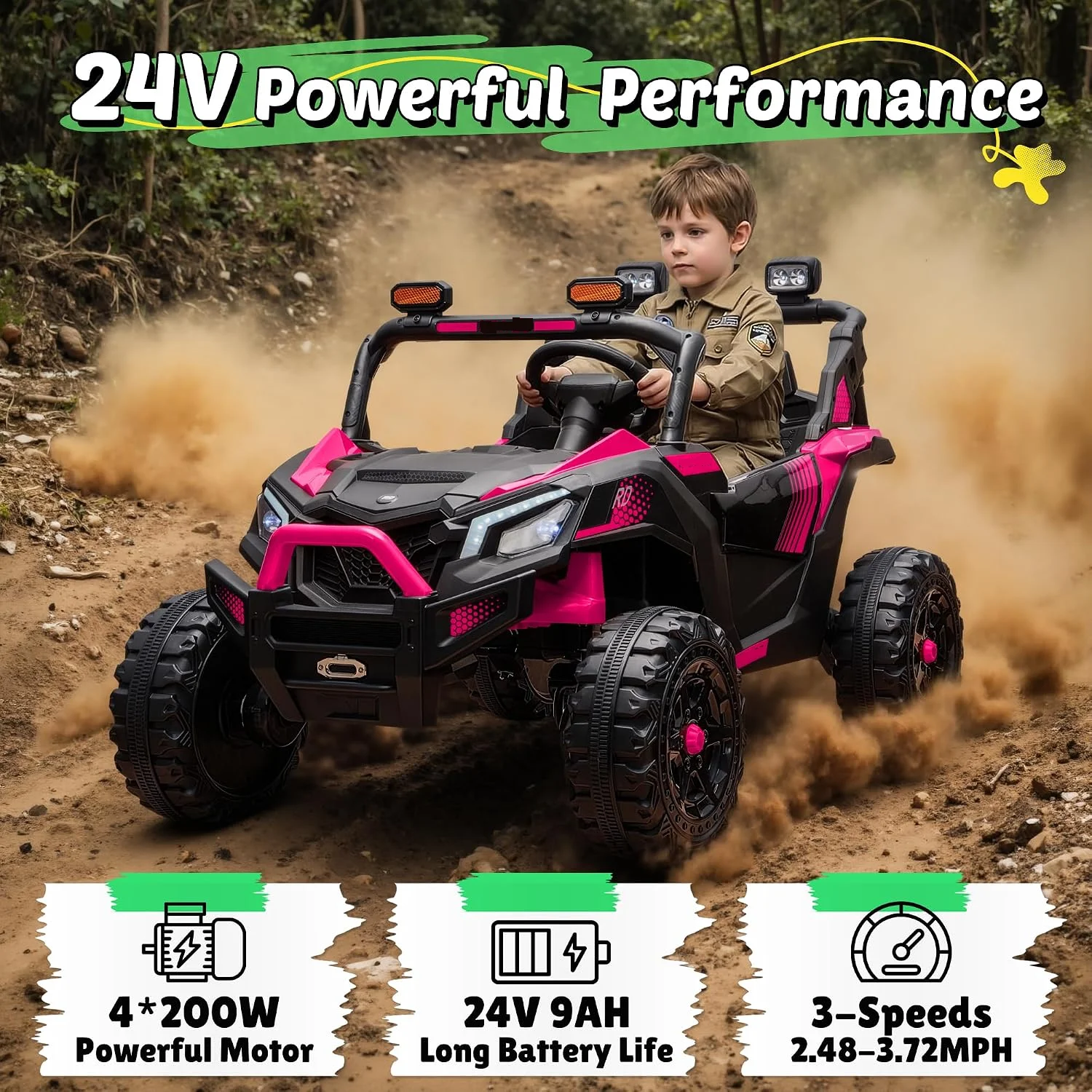 2 Seater 24V 4WD Kids Electric Ride On UTV Off-Road Buggy with Remote Control Bluetooth Music, Kids Ride On Car Toy Gift for Kids Boys Girls