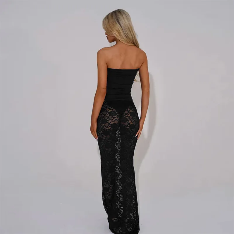 Conjunto de Bikini de encaje Sexy para mujer, traje de baño de 3 piezas, vestido Maxi, ropa de playa a la moda, traje de baño para mujer 2025