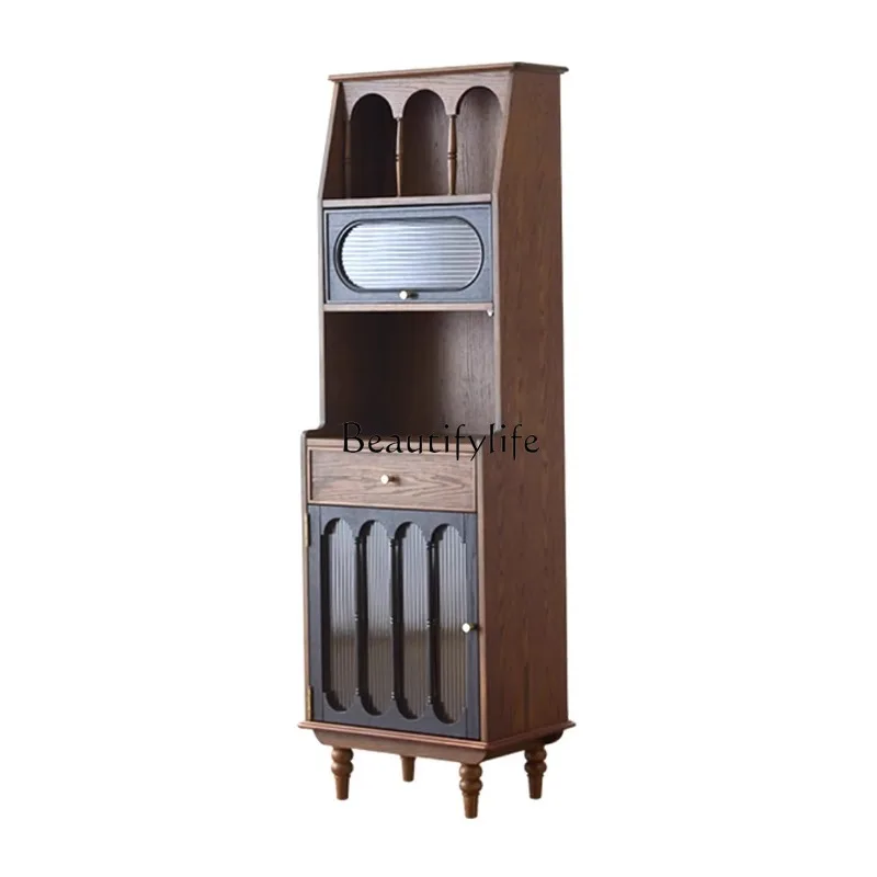 

French retro solid wood integrated wall high cabinet display cabinet small apartment living room narrow vertical cabinet