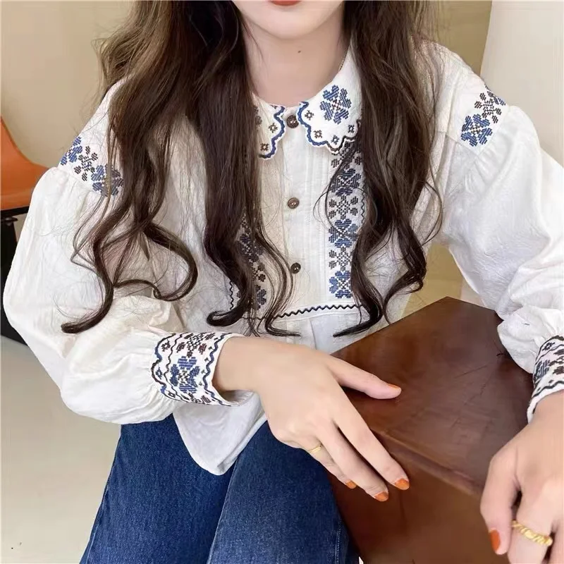 Retro Heavy Industry Embroidery 2024 Women\'s Spring and Autumn Pullover Lapel Panel Button Fashion Slim Fit Long Sleeved Shirt