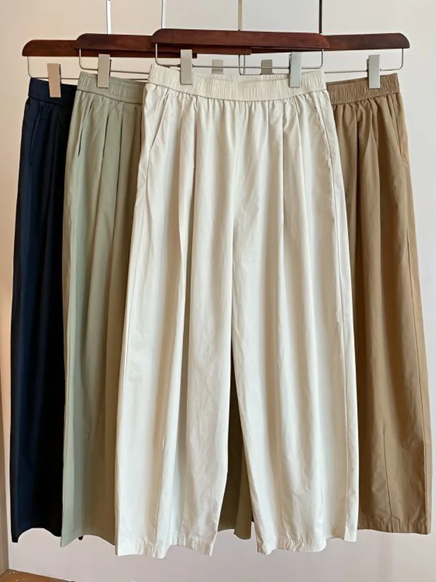 

Summer Thin Cotton Linen Wide Leg Pants Women's Loose Fit Casual Trousers Korean Style Natural Waist Elasticity Daily Wear