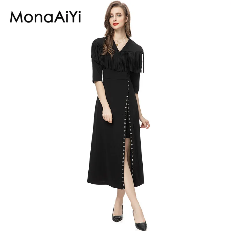 

MonaAiYi High Quality Runway Fashion Designer Dress Women's V-Neck Tassels High-Waist Split Tight Slim Black Long Dresse