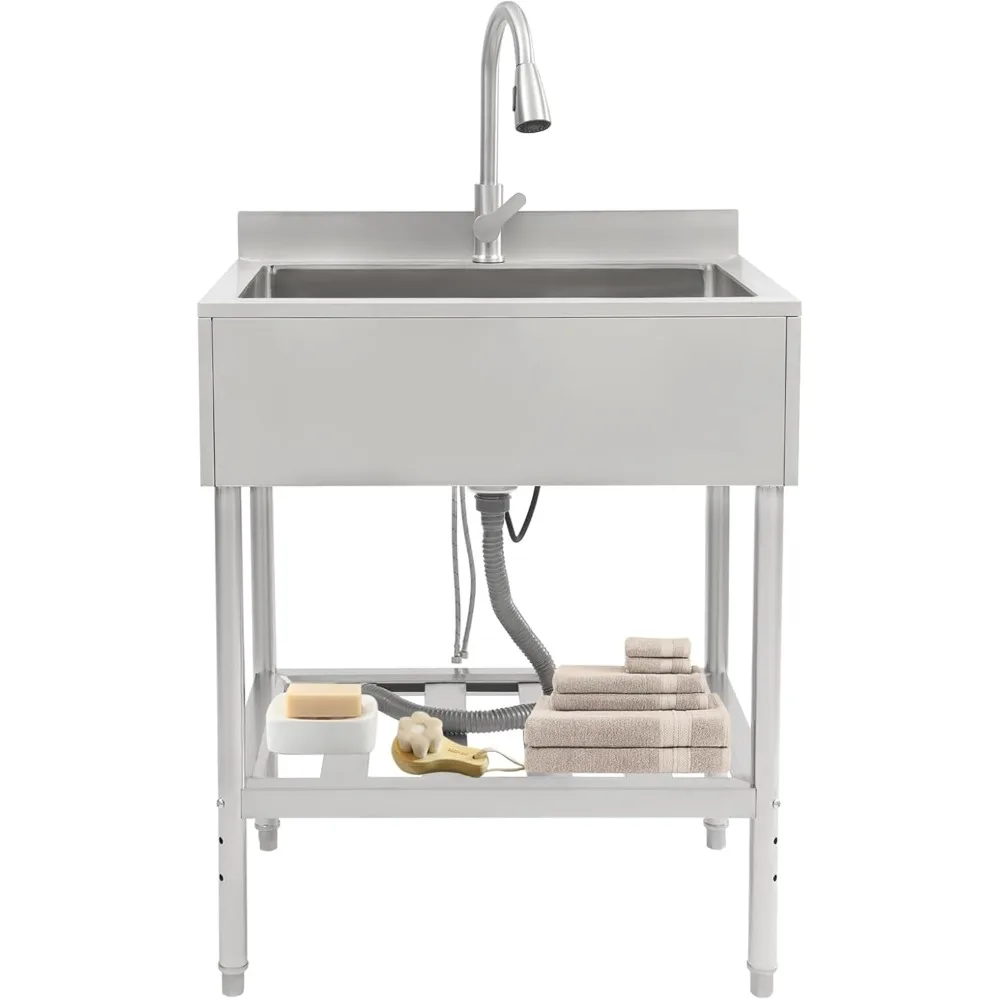 

Commercial Stainless Steel Sink, Single Bowl Freestanding Utility Sink Washing Hand Basin w/Pull-out Faucet & Storage Shelf for