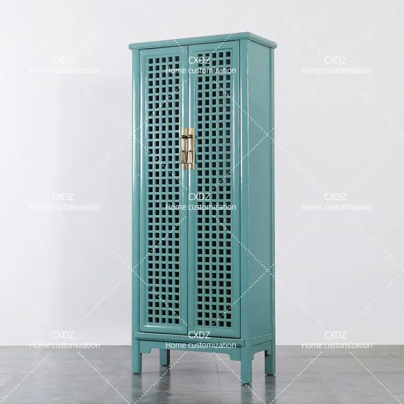 New Chinese Style Solid Wood Bookcase Antique Vertical Cabinet Retro Hollow Storage Decorative Display Wardrobe High Cabinet