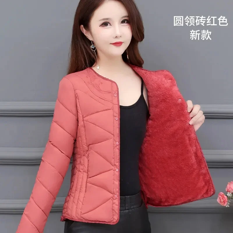 Winter Down Padded Jacket Women\'s Inner Short Mother\'s Wear Velvet Thickening Middle-Aged Elderly Mom Wear Pocket Jacket Pink