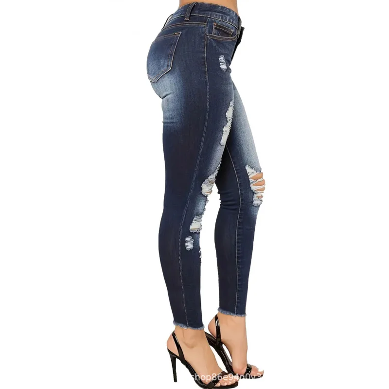 Cross-Border European and American plus Size Blue with Holes Denim Skinny PantsTEMUAmazonSHEINForeign TradeTKAliexpress