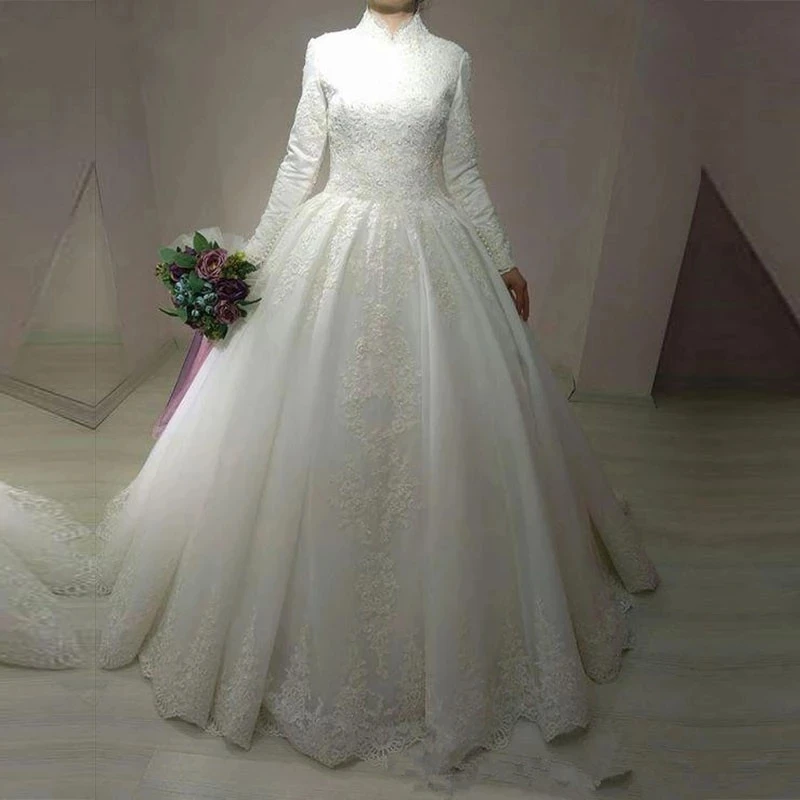 

ANGELSBRIDEP High-Neck Ball Gown Wedding Dresses Muslim Fashion Applique Court Train Robe de mariee Formal Bride Wedding Gowns