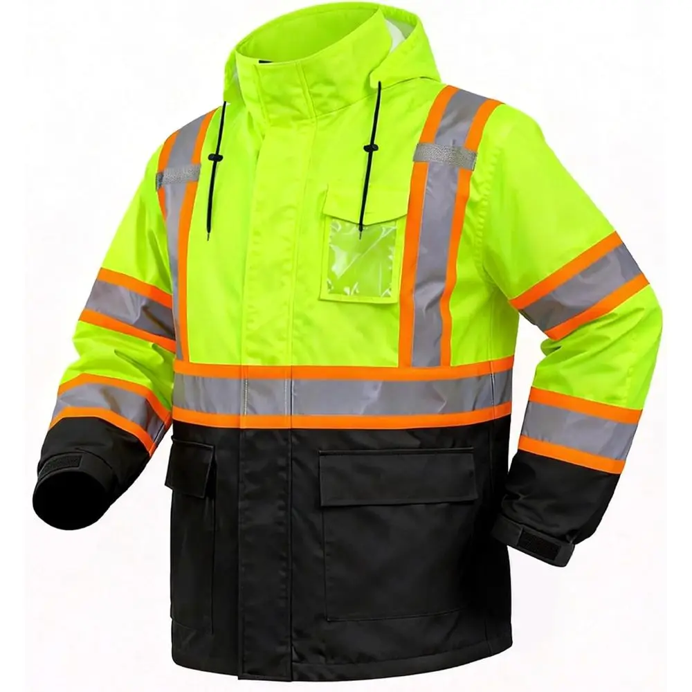 

High Visibility Waterproof Men's Safety Raincoat with Reflective Yellow and Black Bottom, Sizes 2XL/3XL