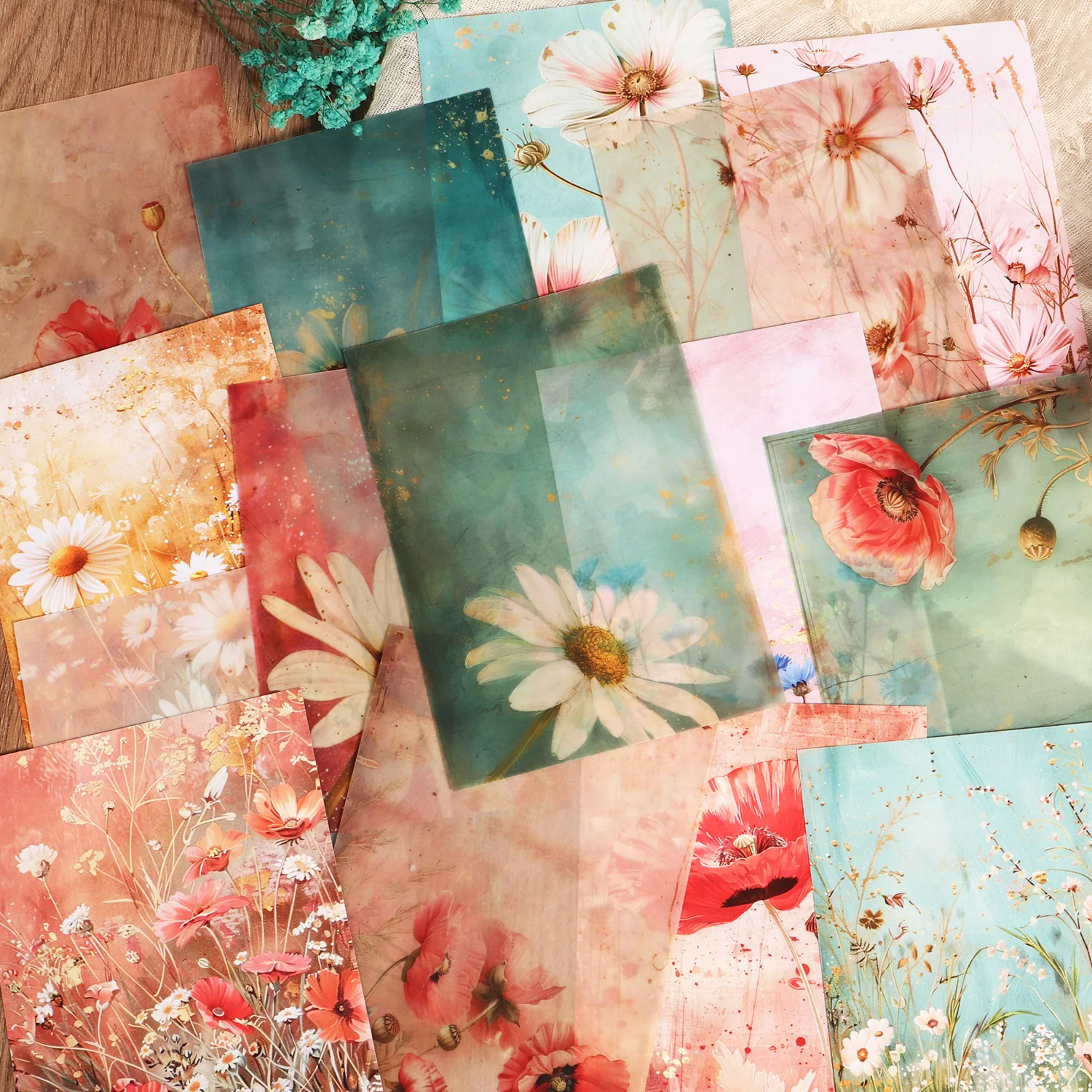 16 ورقة، 8 ورق حمض الكبريتيك الشفاف، 46 ملصقًا من ورق ديكور مجلة غير المرغوب فيه على شكل زهرة برية، للحرف اليدوية الفنية، سكرابوكينغ #1