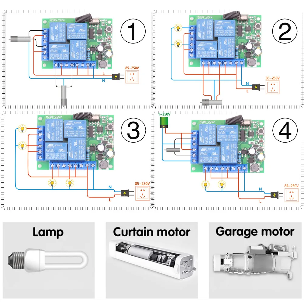 433Mhz Remote Control Receiver RF Wireless Switch AC 110V 220V 10A Controller 4Ch Relay Module and Transmitter,for Gate Door LED