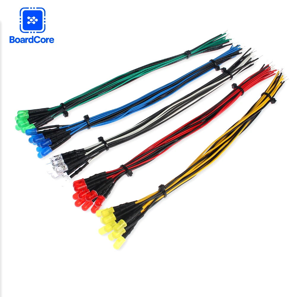 12V High Bright 5MM LED Diode Assortment Pre-soldered Wire 20CM Red Green Blue White Yellow Orange for Circuit Project