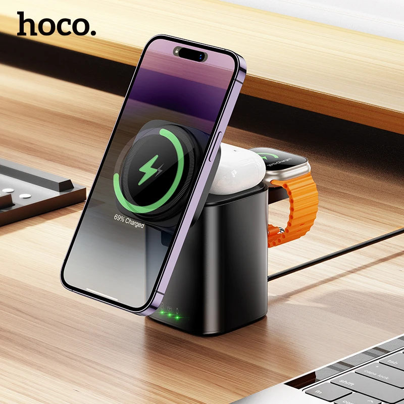 

HOCO 3 in 1 15W Wireless Charging Station For iPhone 16/15 Pro Max Desktop Foldable PD Fast Charger For iWatch 1-10 SE2 Ultra 2