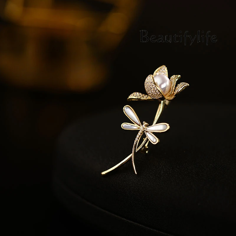 

Pearl Lotus Leaf Dragonfly Brooch High-end Female Brooch Pin Design Sense Sweater Accessories High-end Sense