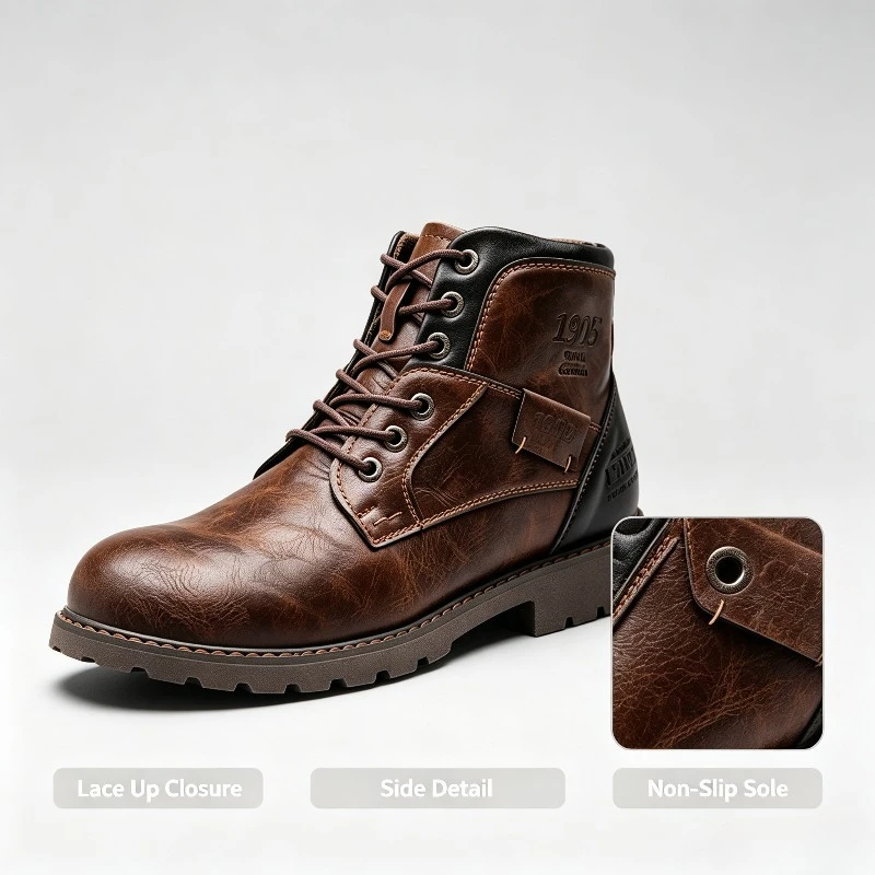Mens Vintage Leather High Top Boots Lace Up Round Toe Anti Slip Thick Sole Comfortable Durable Casual Working Ankle Shoes