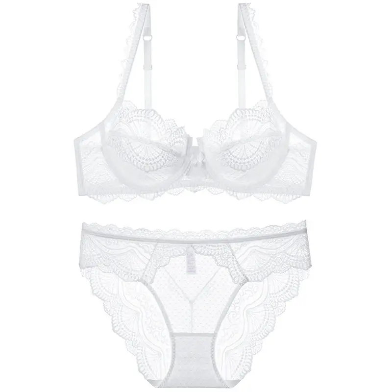 Ultra Thin Minimizer Bra Set Women French Lace Soft Underwire Push Up Anti Sagging Side Smoothing Full Bust Breathable Underwear