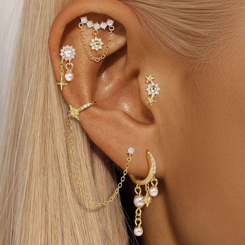 LENNIK S925 Silver Earring Women Gold Single Sunflower Pearl Tassel Versatile Flat Head Piercing Explosive nieuw in oorbellen