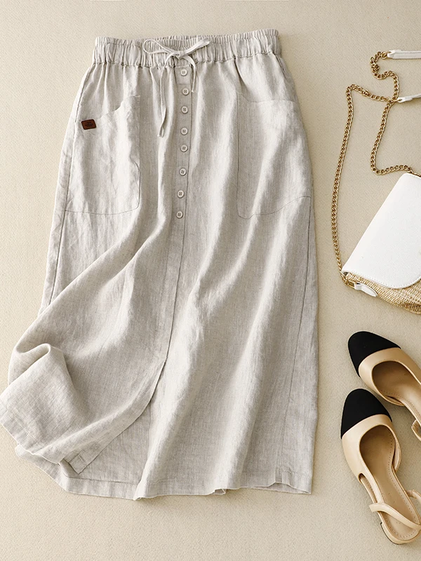 

Retro Artistic Cotton Linen Midi Skirt with Double kets Button Design A-Line Skirt for plus Size Women Spring Faion