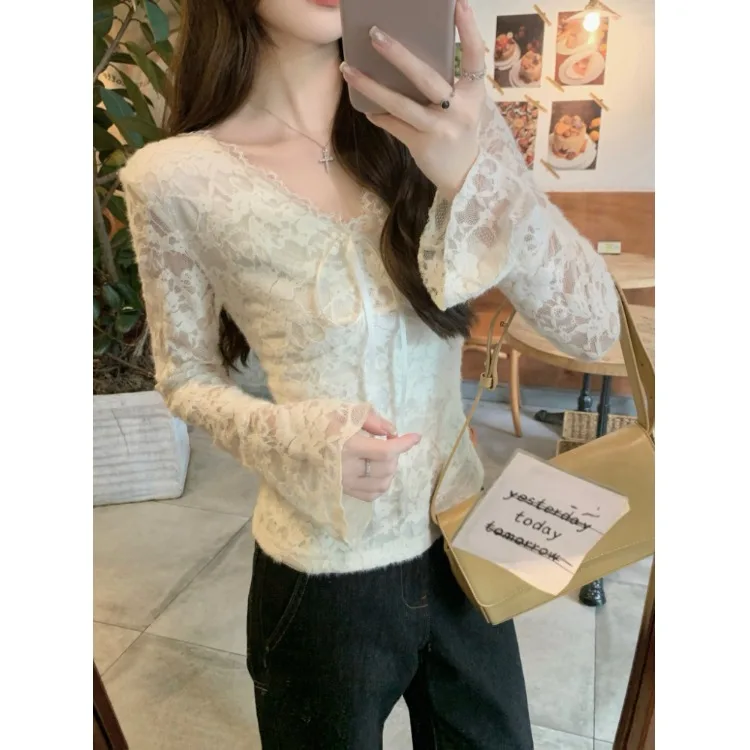 Winter Damen Fce gefütterte bestickte Spitze irt V Ne Fliege Slim Fit Pure Desire Design Sense Top Knot