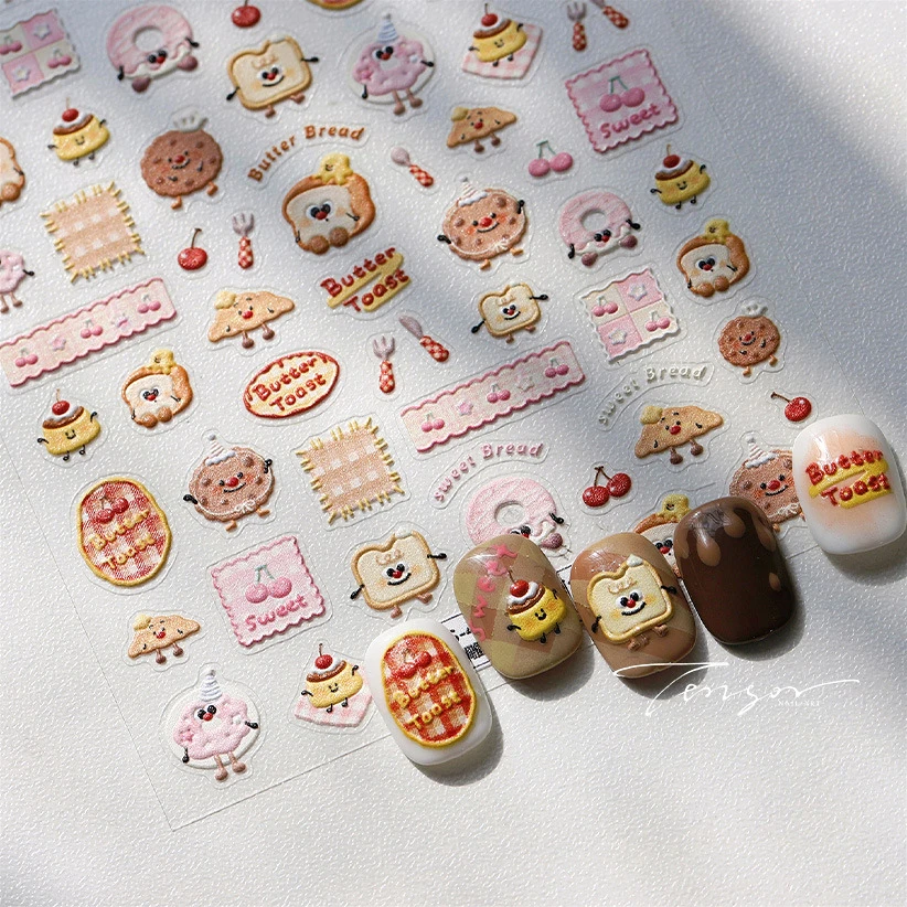 Tostado mantequilla Brioche pan Dim Sum galleta cereza pudín comida tenedor Donut alivio adhesivo pegatinas para decoración de uñas calcomanías de manicura