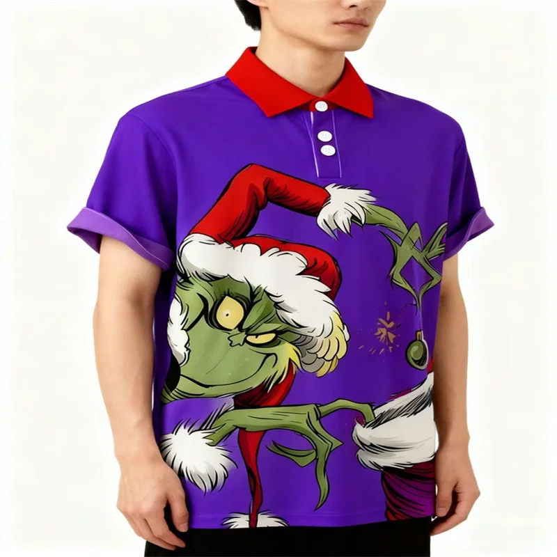 

2025 Christmas Eve Classic Red and White Striped Halloween Thief Christmas Print Comfortable Polo Shirt
