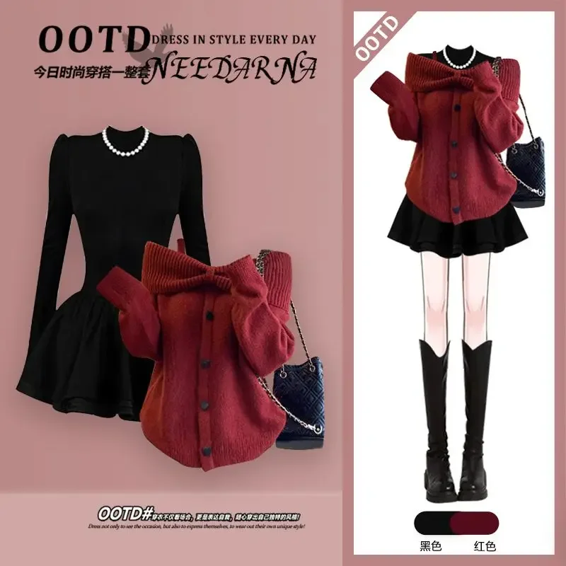 مجموعة المواعدة للخريف والشتاء الكورية لعيد الميلاد والعام الجديد للنساء، سترة ذات تصميم مجموعة صغيرة مع تنورة أنيقة مكونة من قطعتين #1