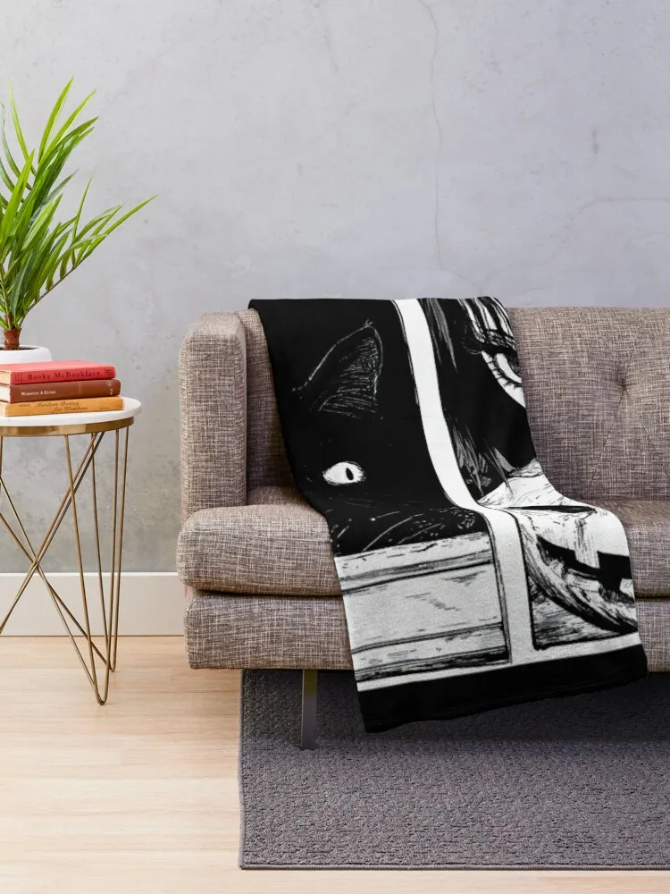 Feline Secrets in the Lantern’s Glow – black and white melancholic anime manga girl Throw Blanket Large For Sofa Thin Blankets