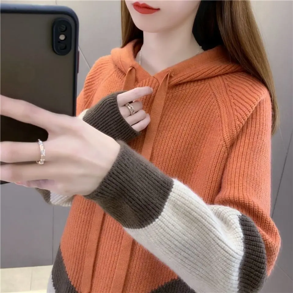 Autumn Winter Comfortable Sports Patchwork T-Shirts Lacing Hooded Pullovers Women's Clothing Casual Loose Simplicity Office Lady