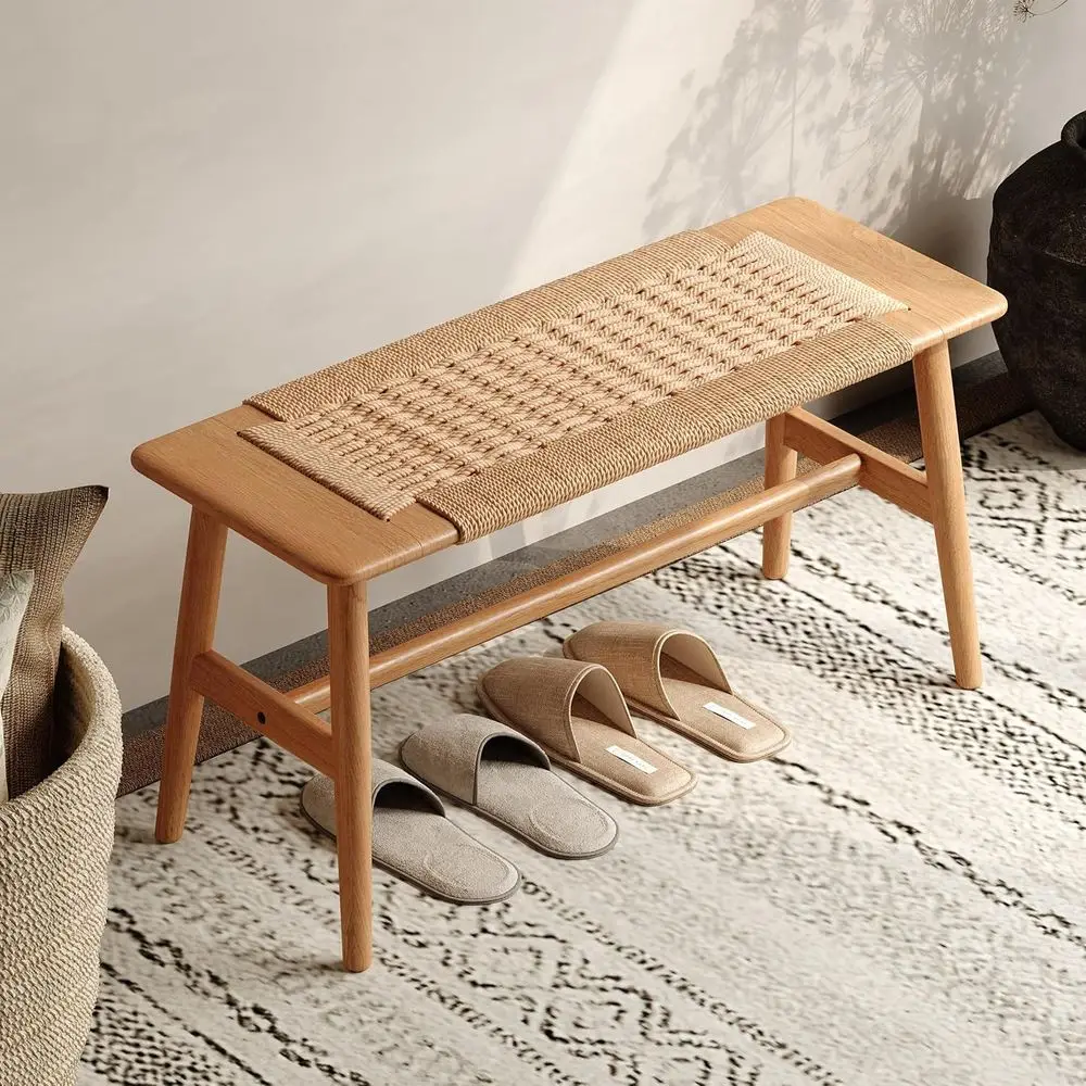 100% Solid Oak Wood Bench,Hand Woven Design,Solid Mortise and Tenon truction-Solid Structure o Chair Legs,Woven Rattan Entryway