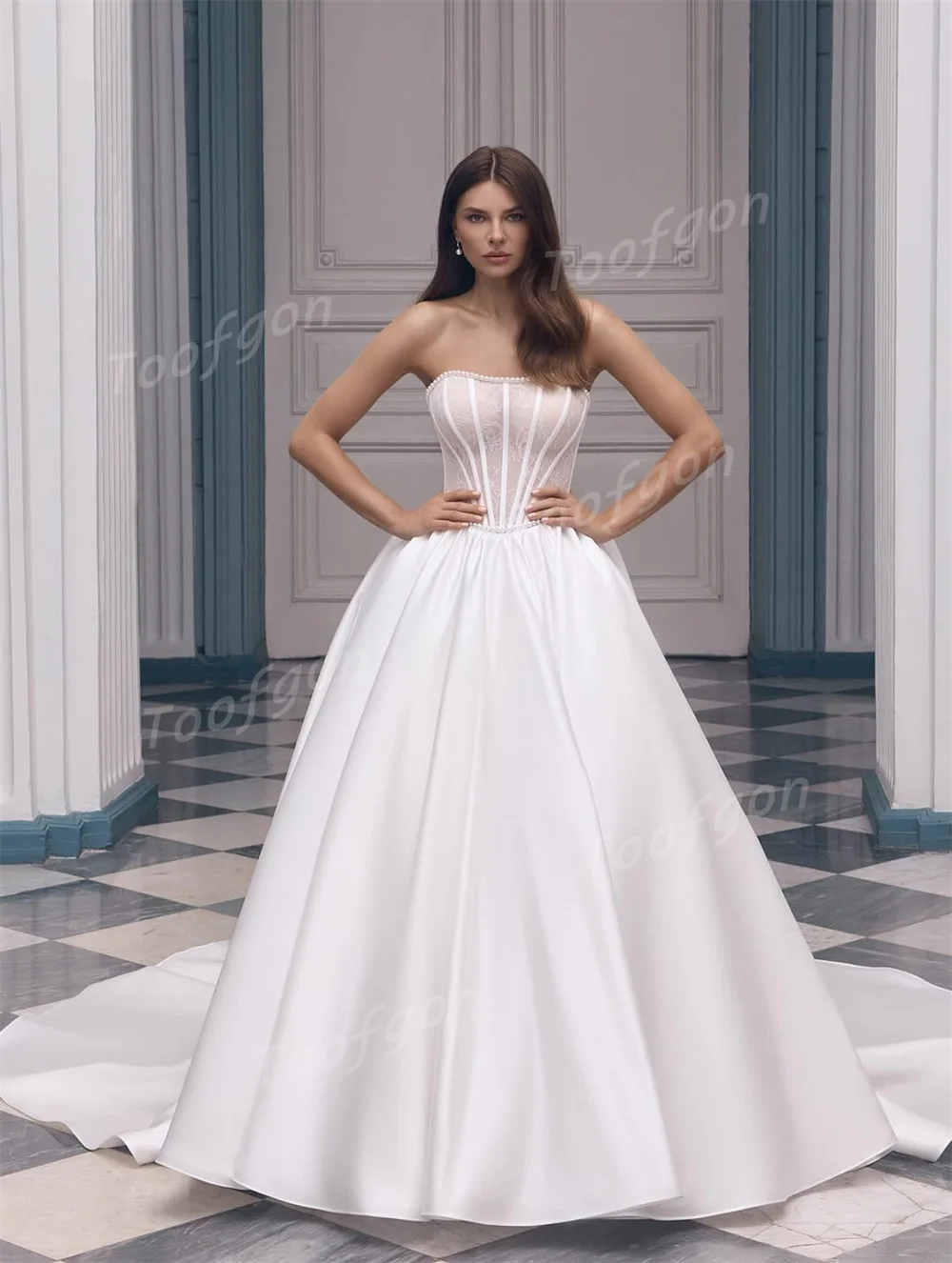 Toofgon A Line Lace Satin Bride Wedding Dresses Strapless Bones Long Train Women Formal Party Dress Bridal Gowns Customized