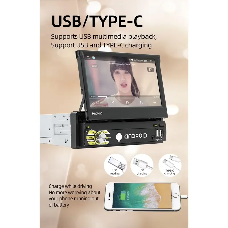 1 DIN 7-Inch HD Retractable Screen Carplay WIFI Android 13 4/64GB Car Stereo Mirror Link AUX USB-C SDK Car Radio