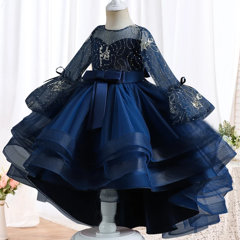 4-12 years old children\'s Sequin long sleeve Princess Dress Girls\' fashion embroidery bow pompous skirt banquet formal dress