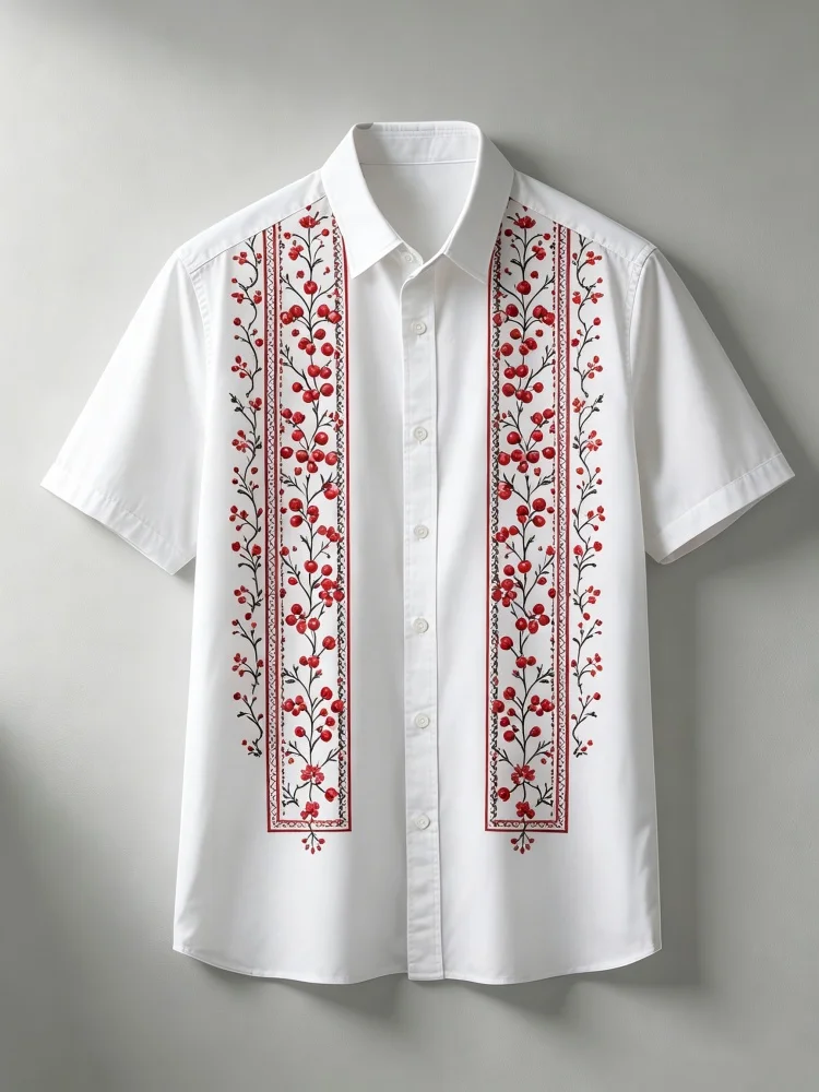 Men's Ethnic Style Embroidered Floral Geometric Print Short-Sleeved Shirt with Lapel Button-Up Cardigan Bohemian Vacation Shirt