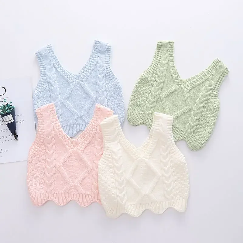 Kids Boys Girls V-neck Vest Knitted Sweaters 2024 New Arrival Children Casual Spring Autumn Cotton Clothes Pink White Vest