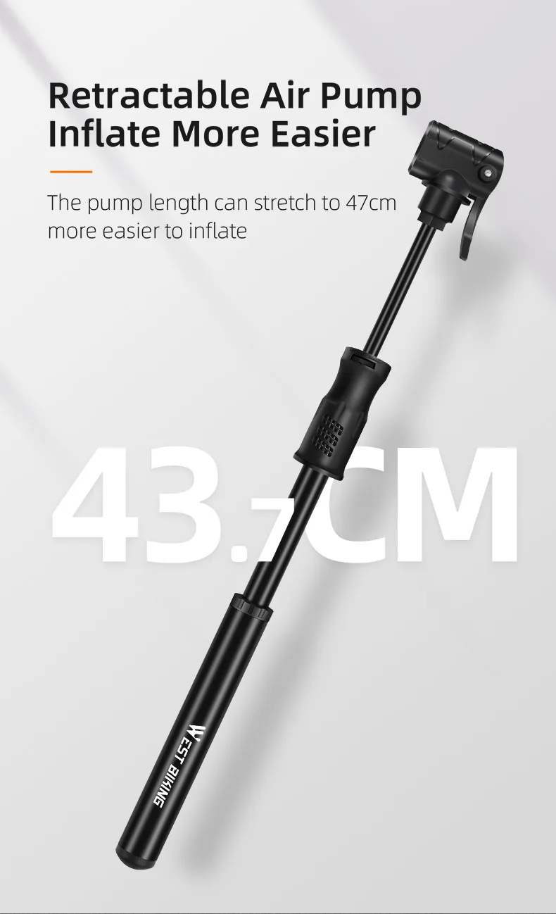 WEST BIKING Tragbare Fahrradpumpe, Mini-Fahrradreifenfüller mit verstecktem Schlauch für Presta- und Schrader-Ventile, Zubehör für Rennrad und Mountainbike – Detail 10